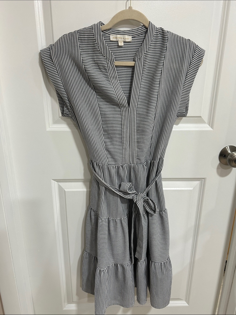 Monteau Grey & White Striped Tie-Waist Midi Dress